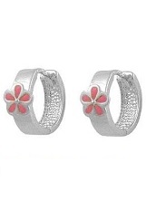 fetching little silver pink flower baby huggie hoop earrings